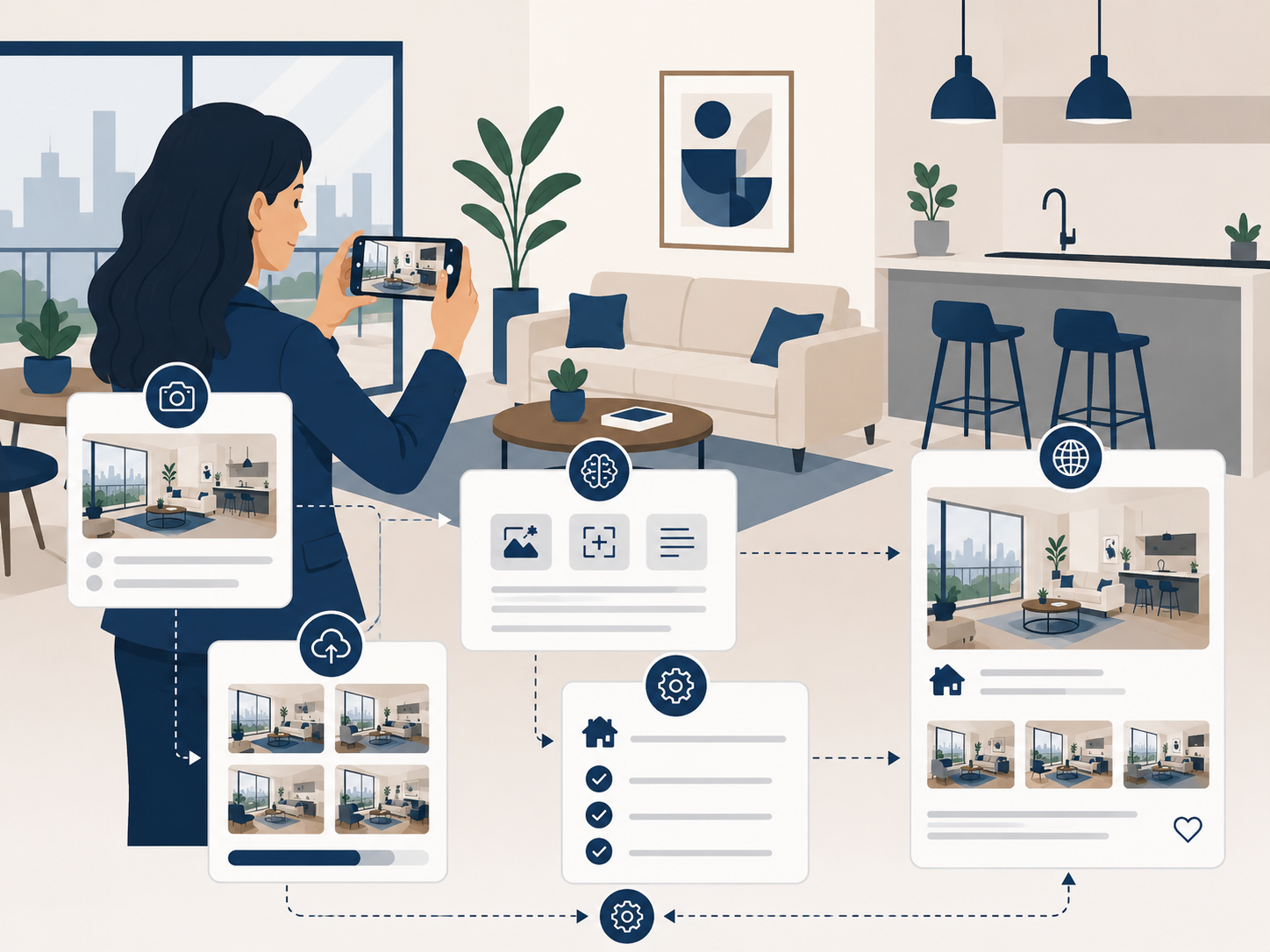 Agente inmobiliario sacando fotos de un departamento para analizar con inteligencia artificial
